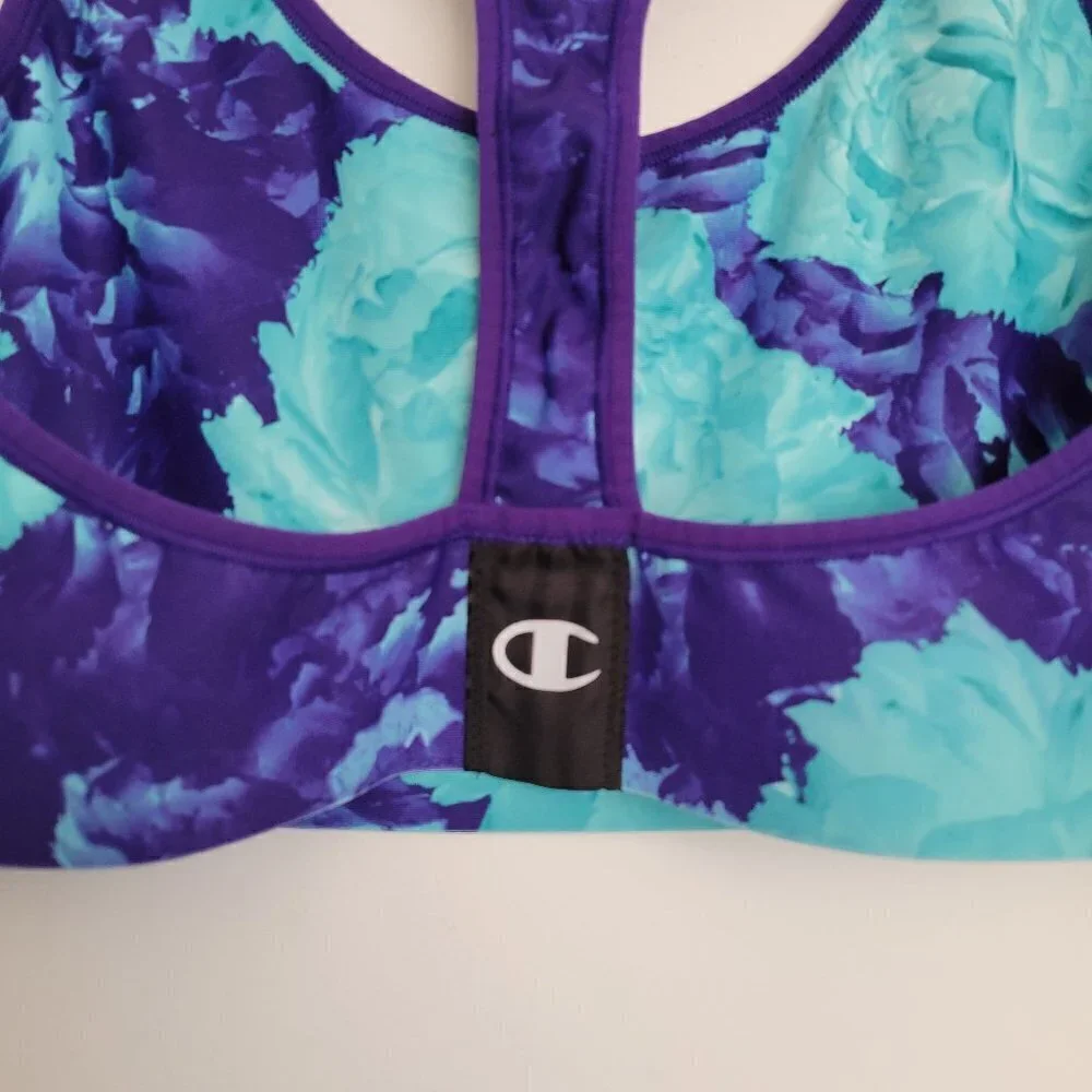Champion Blue Purple Floral Watercolor Print Racerback Sports Bra Size Large